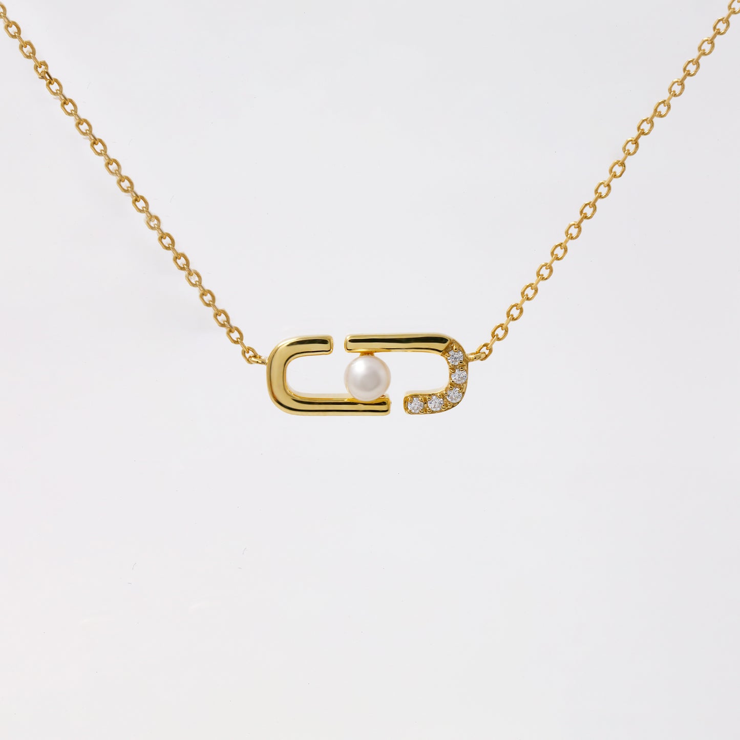 Paper Clip Pearl Diamond Necklace