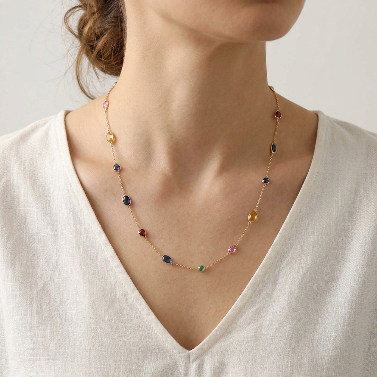 Dark Colorful Rainbow Gemstone Station Necklace