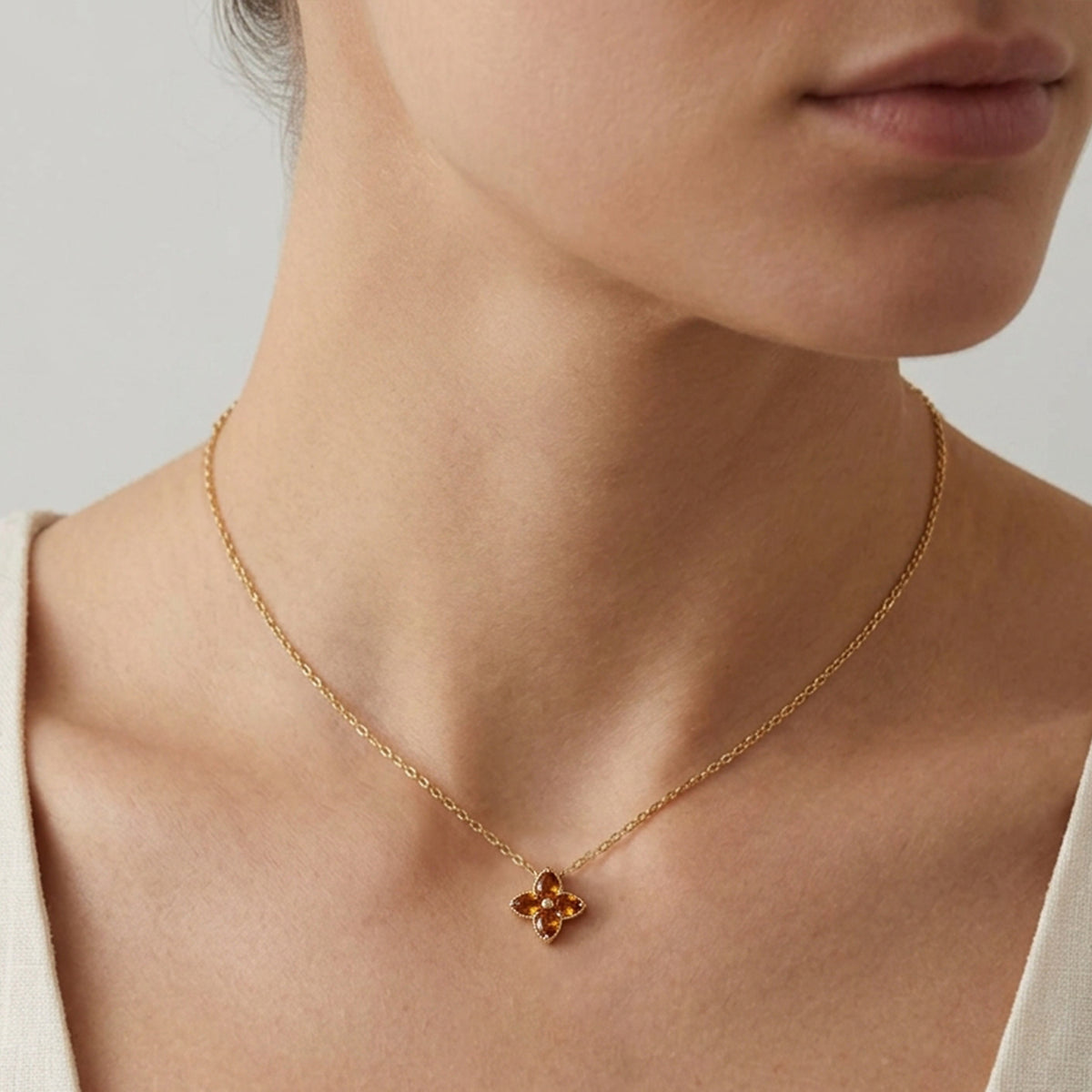 Citrine Four Leaf Clover Flower Necklace