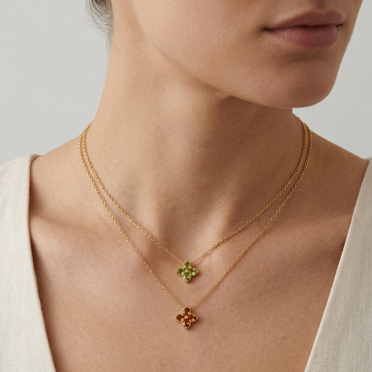 Peridot Four Leaf Clover Flower Necklace
