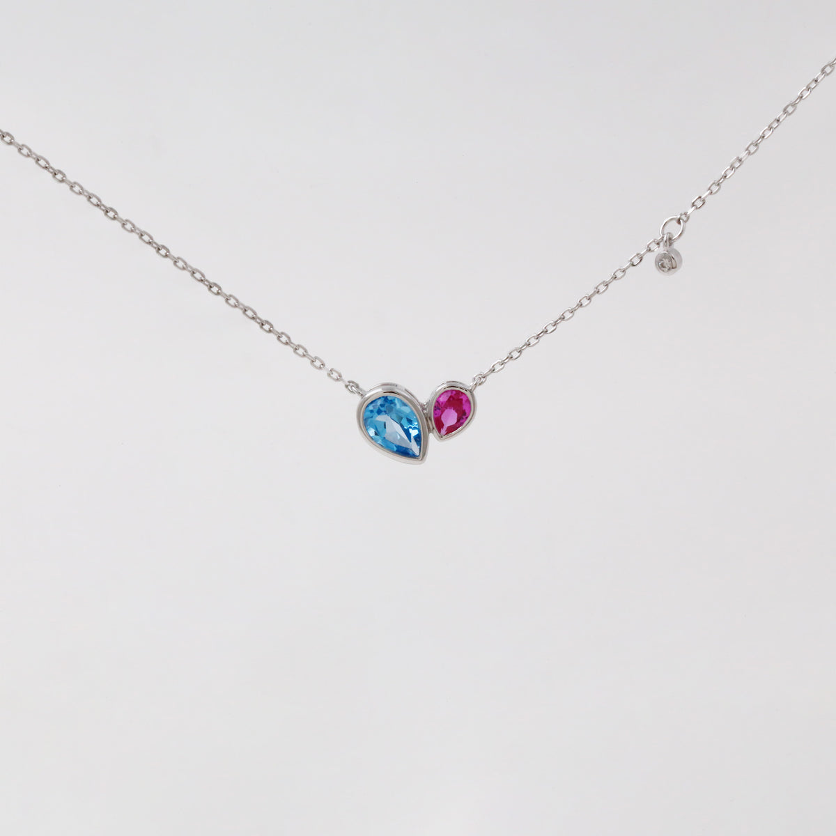 Lab Pink Sapphire Topaz Pear Bezel Set Necklace