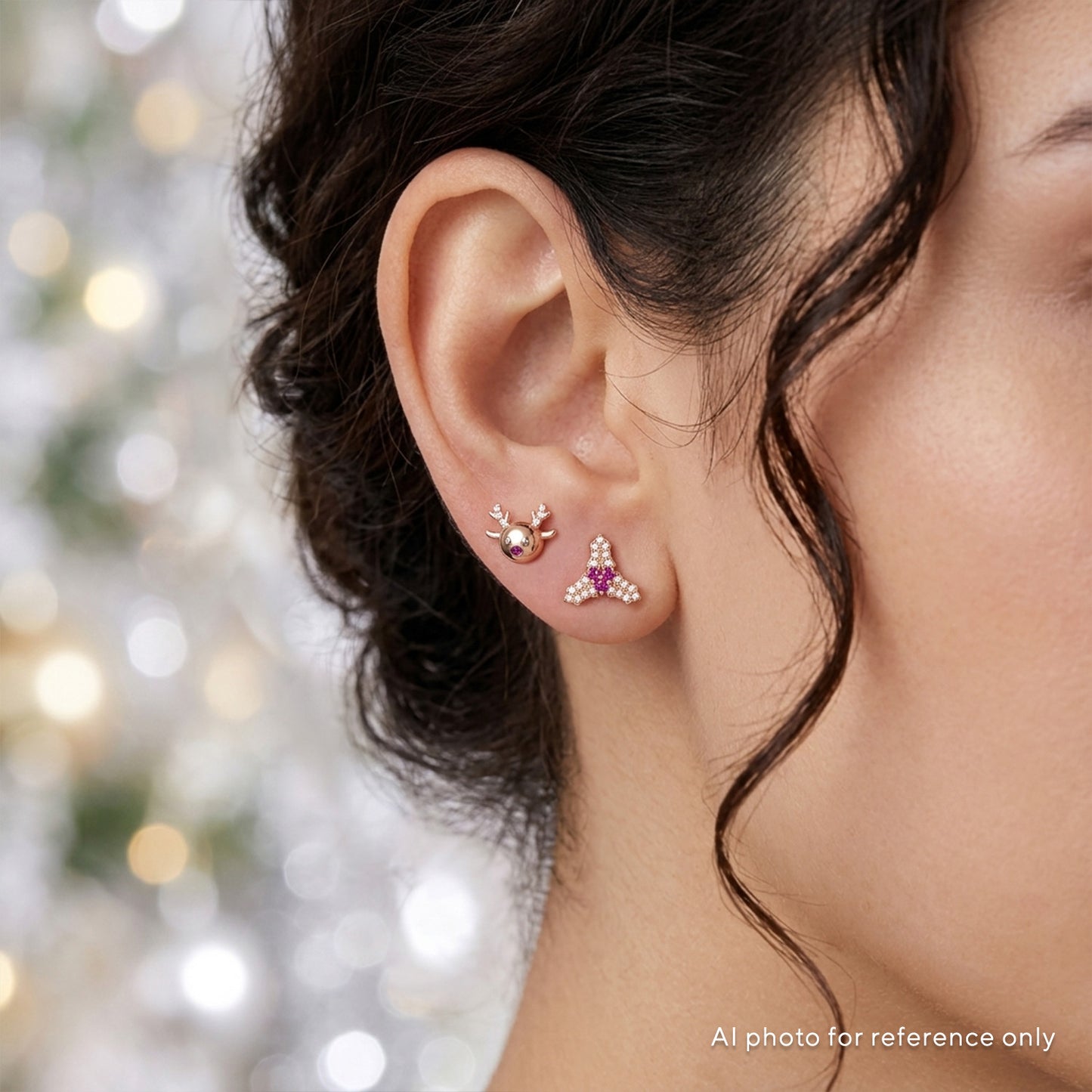 Rose Gold Ruby Christmas Leaf Reindeer Stud
