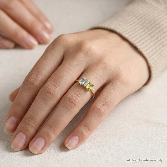 Emerald Cut Blue Topaz Peridot Ring