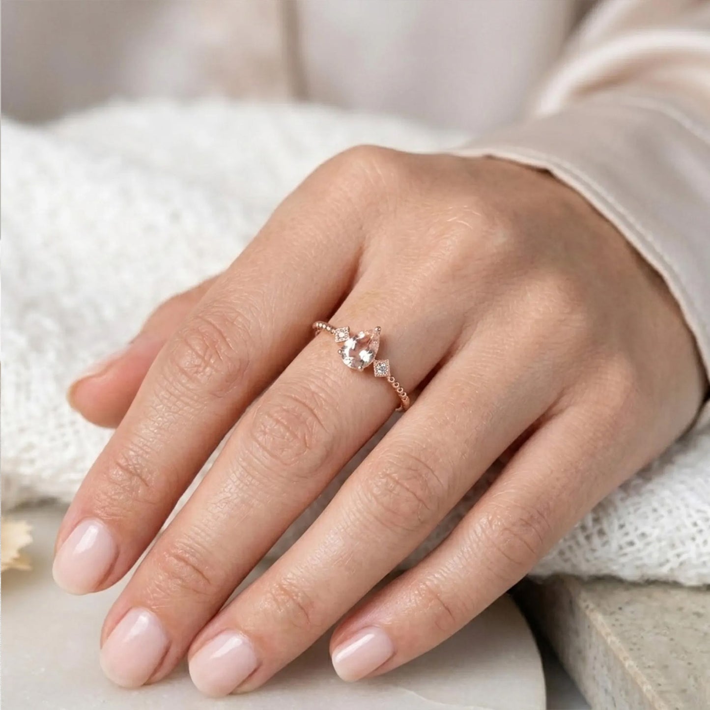 Pear Peach Morganite Promise Ring