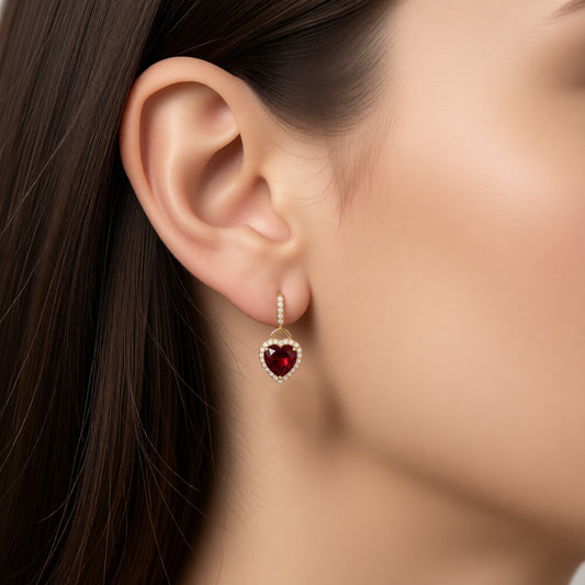 Solid Gold Red Garnet Heart Lock Earrings