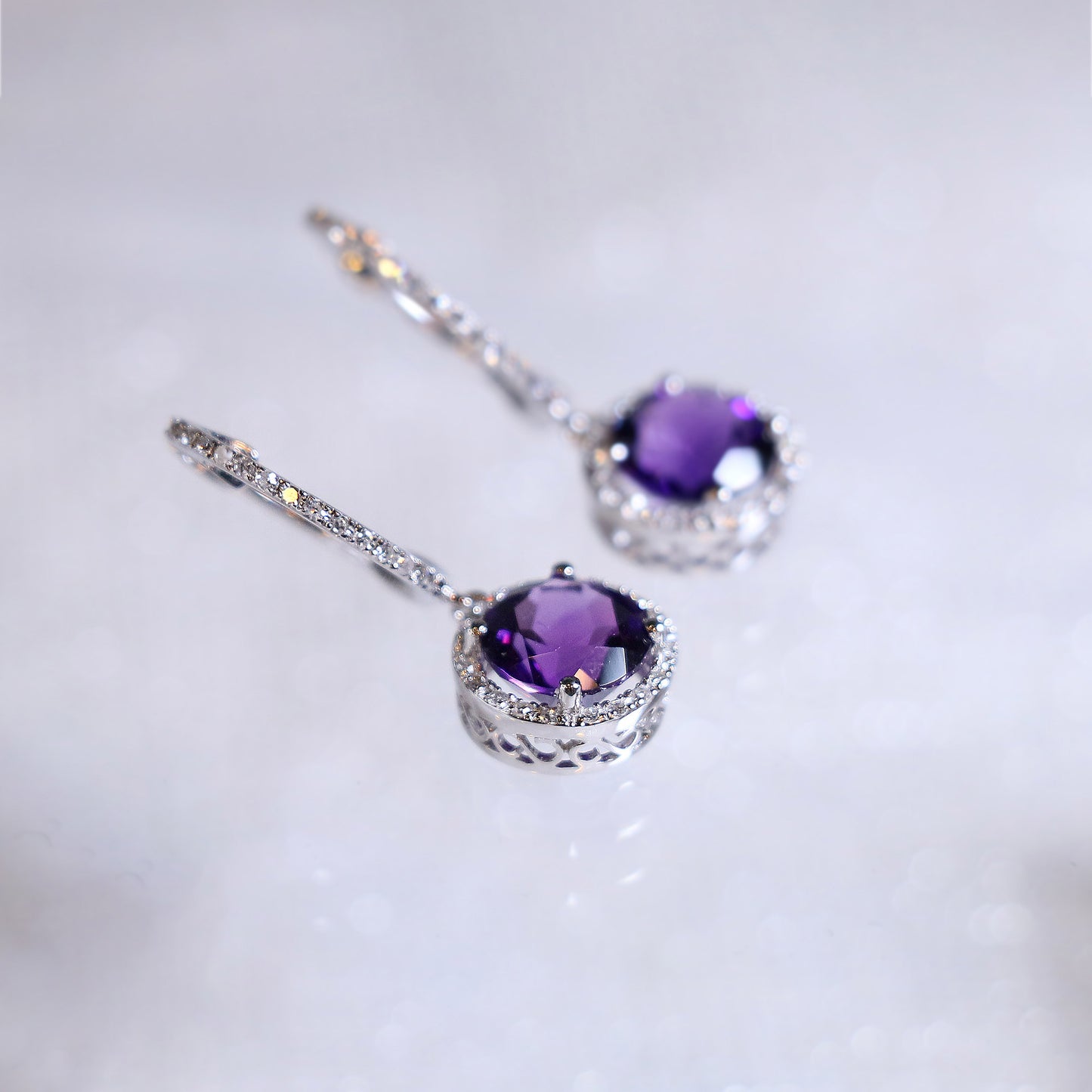 Amethyst Halo Diamond Drop Earrings Hoops