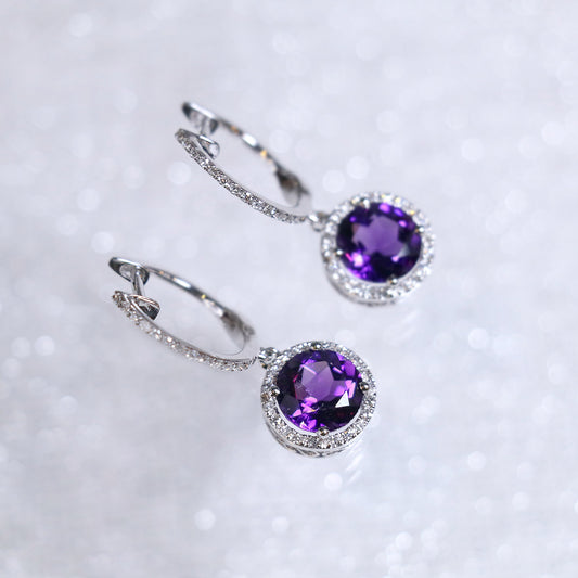 Amethyst Halo Diamond Drop Earrings Hoops