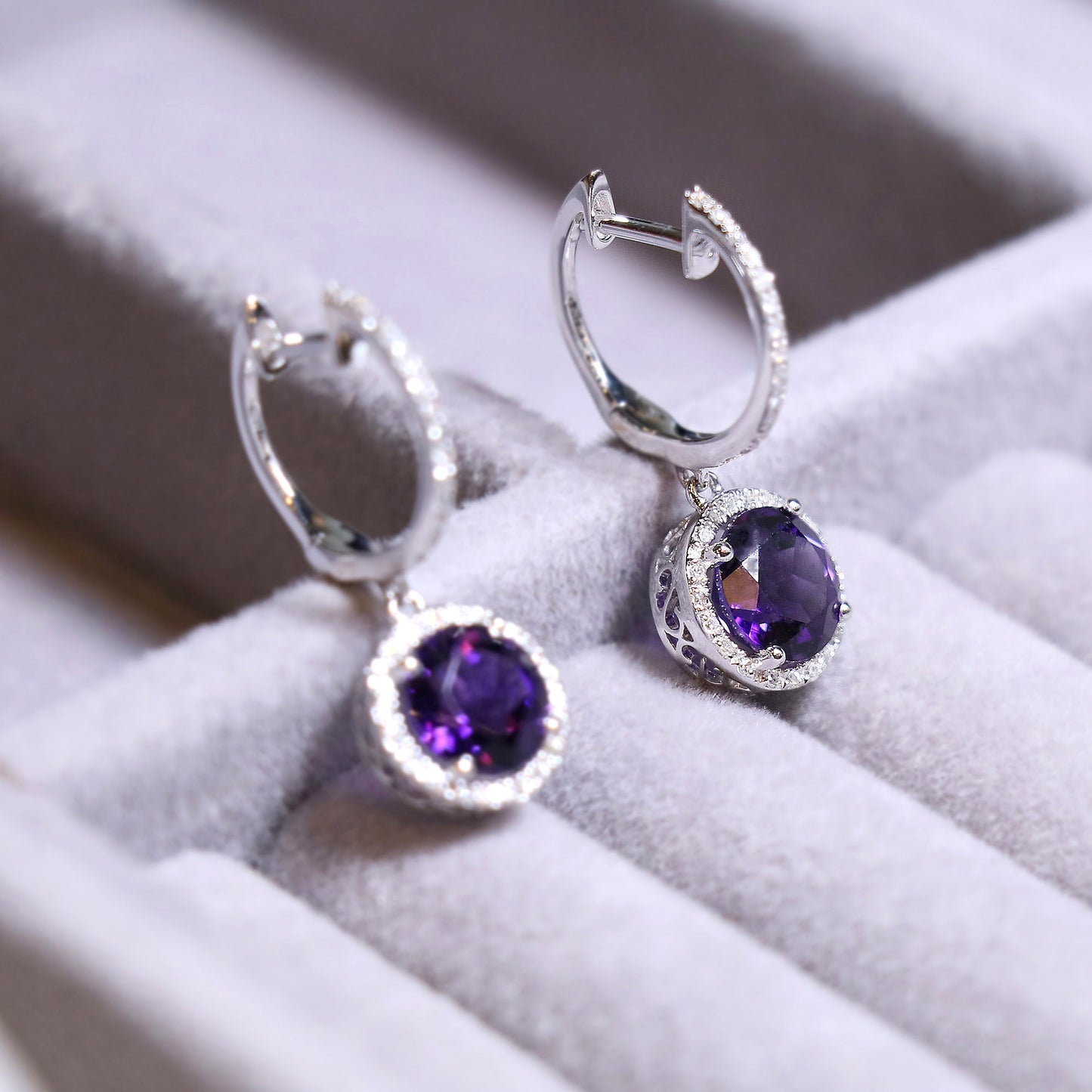 Amethyst Halo Diamond Drop Earrings Hoops