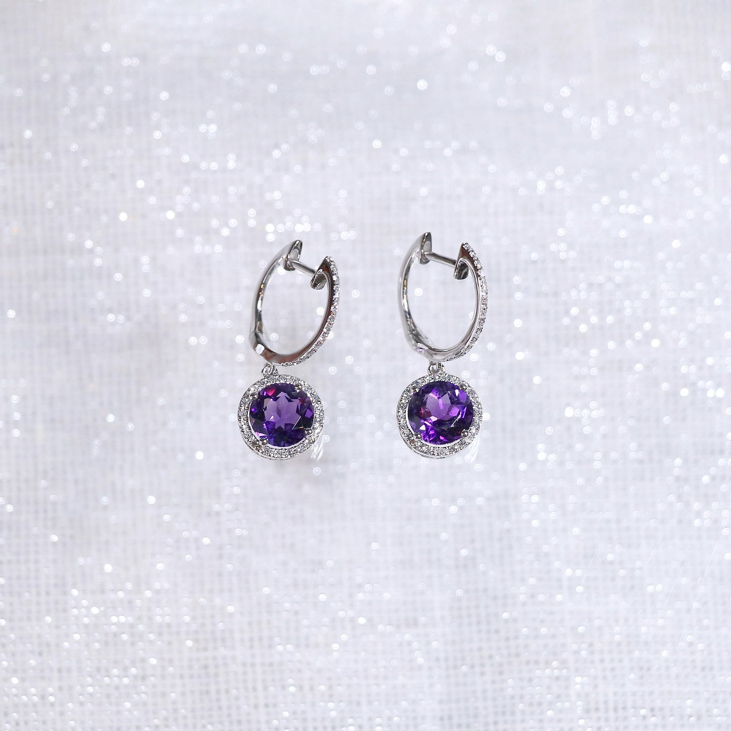 Amethyst Halo Diamond Drop Earrings Hoops