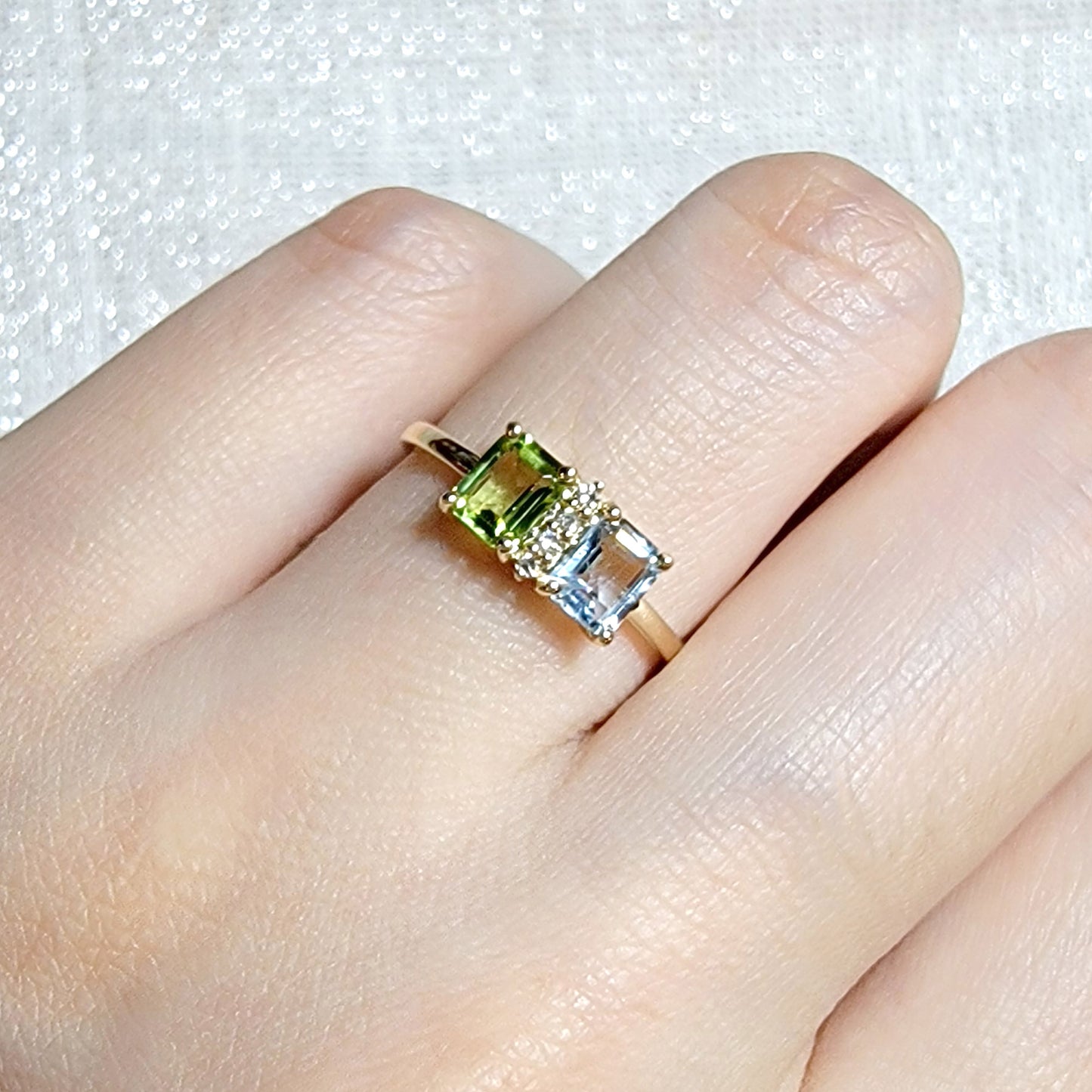 Emerald Cut Blue Topaz Peridot Ring