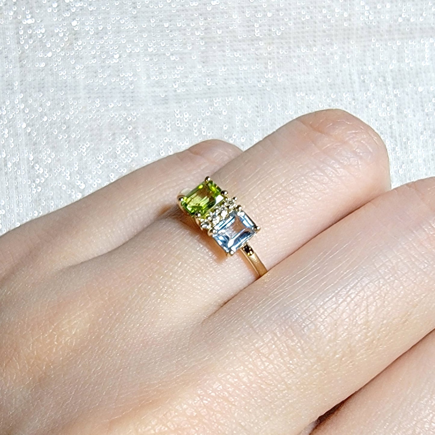 Emerald Cut Blue Topaz Peridot Ring