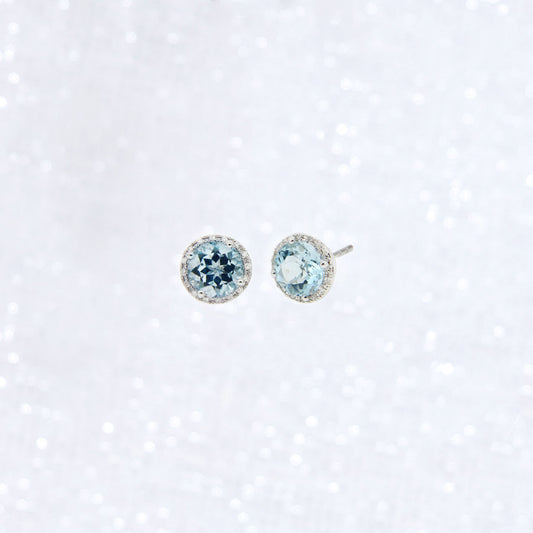 Round Swiss Blue Topaz Halo Diamond Earrings
