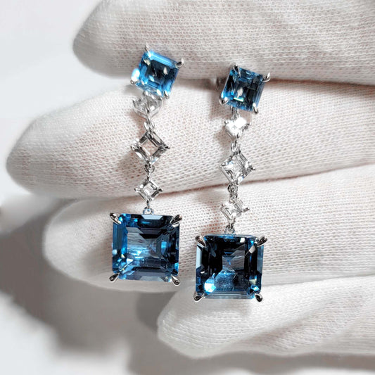 Gold Emerald Cut Blue Topaz Earrings