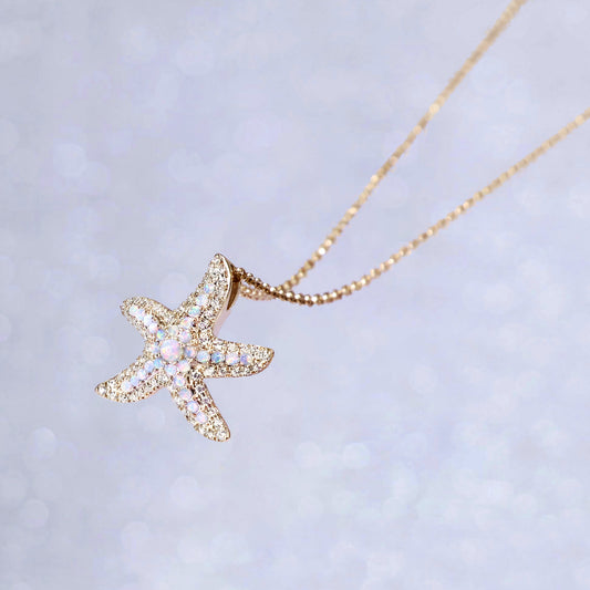 White Opal Diamond Starfish Gold Necklace