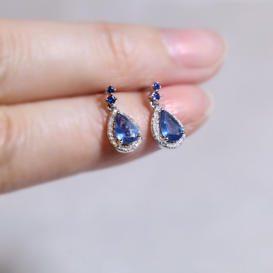9K白金梨形藍寶石光環鑽石耳環
