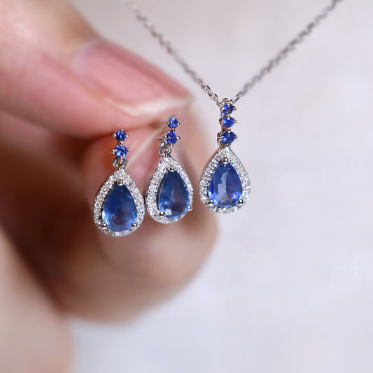 9K白金梨形藍寶石光環鑽石耳環