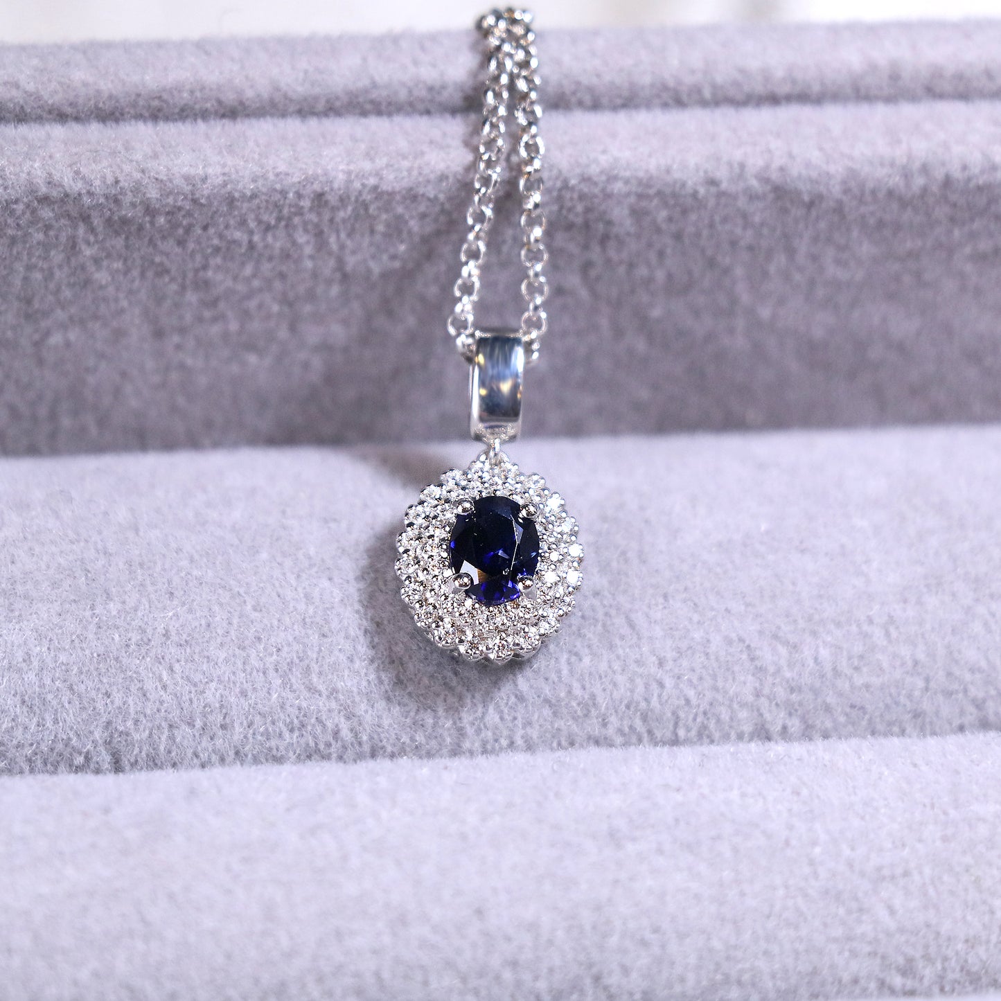 Oval Blue Sapphire Double Halo Diamond Pendant