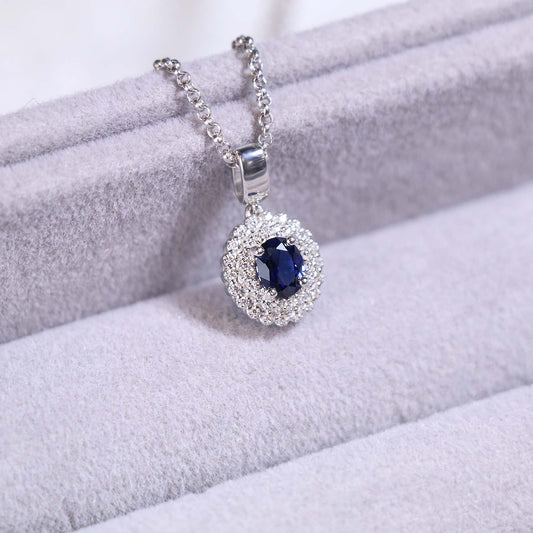 Oval Blue Sapphire Double Halo Diamond Pendant