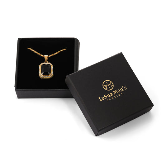 Gold Color Black Onyx with CZ Pendant Necklace with Box Chain (P0014)